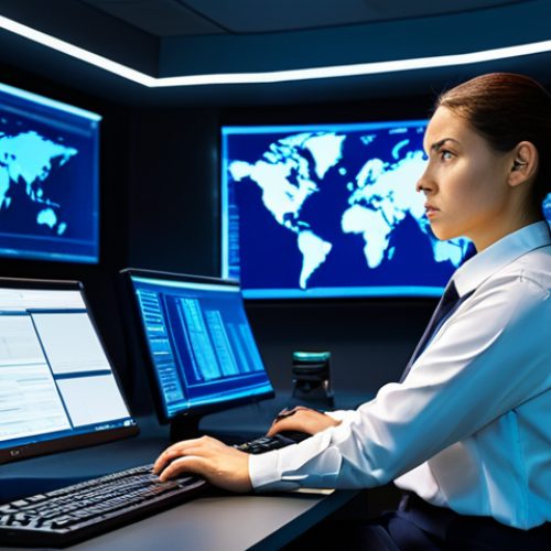 Home 4 A professional female cybersecurity analyst in modest professional dress, sitting at a console in a sophisticated Security Operations Center (SOC). She is intently monitoring multiple large screens displaying real-time data flows, encrypted information streams, and threat detection alerts for an interconnected IoT ecosystem. Her expression is focused and vigilant, embodying digital protection and proactive security. The background is a high-tech SOC with ambient blue lighting, multiple luminous displays, and ergonomic workstations. This image is fully clothed, appropriate attire, safe for work, professional, perfect anatomy, correct proportions, natural pose, well-formed hands, proper finger count, natural body proportions, high quality, professional photography.