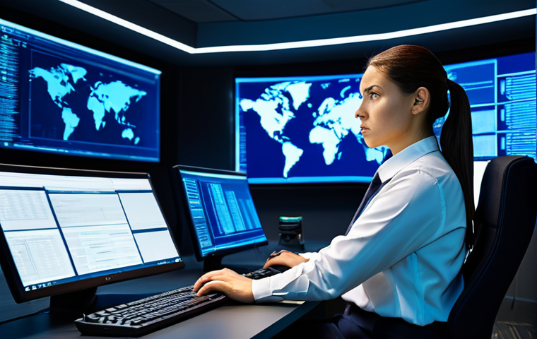 A professional female cybersecurity analyst in modest professional dress, sitting at a console in a sophisticated Security Operations Center (SOC). She is intently monitoring multiple large screens displaying real-time data flows, encrypted information streams, and threat detection alerts for an interconnected IoT ecosystem. Her expression is focused and vigilant, embodying digital protection and proactive security. The background is a high-tech SOC with ambient blue lighting, multiple luminous displays, and ergonomic workstations. This image is fully clothed, appropriate attire, safe for work, professional, perfect anatomy, correct proportions, natural pose, well-formed hands, proper finger count, natural body proportions, high quality, professional photography.