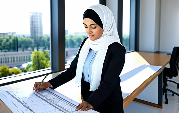 **
"A professional female architect in a modest hijab and business attire, reviewing blueprints in a sunlit modern office, fully clothed, safe for work, perfect anatomy, natural proportions, family-friendly, detailed architectural plans, high-quality rendering."
**