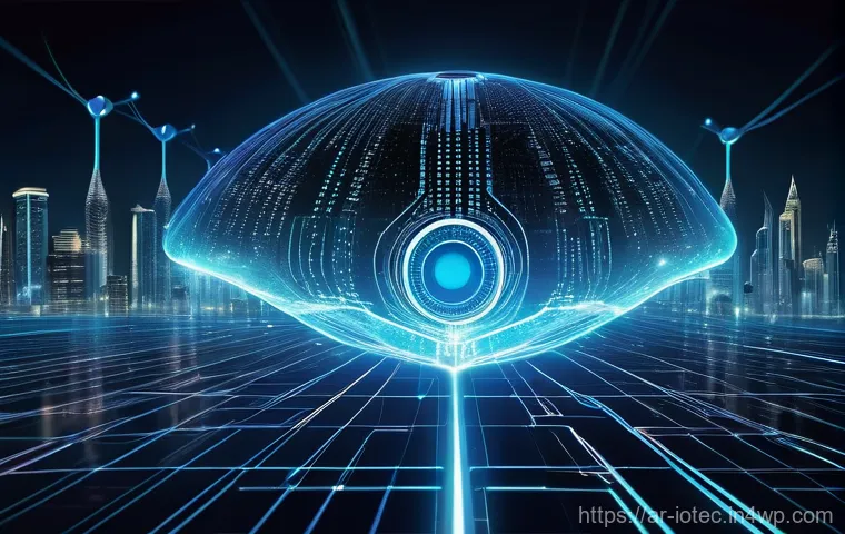 IoT 보안 프레임워크에서의 데이터 전송 보호 - **Prompt:** "A stylized, architectural rendering of a 'digital fortress' that embodies a secure home...