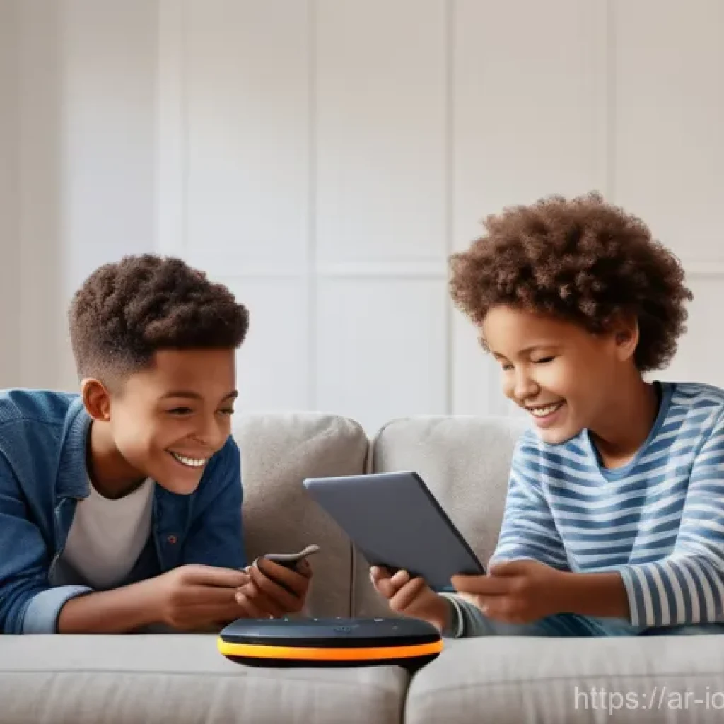 IoT 보안 프레임워크의 아키텍처 설계 - A cozy, modern living room scene, illuminated by warm, adaptive smart lighting. A family of four, co...