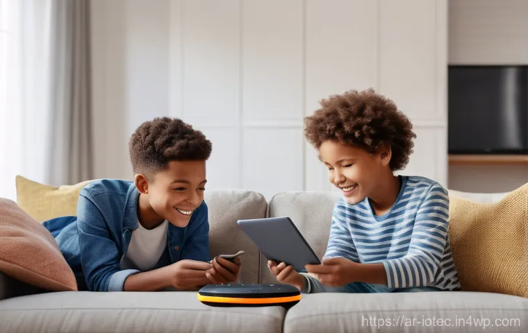 IoT 보안 프레임워크의 아키텍처 설계 - A cozy, modern living room scene, illuminated by warm, adaptive smart lighting. A family of four, co...