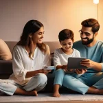 Home 18 IoT 보안 프레임워크의 교육 및 훈련 방안 - A warm, inviting scene inside a modern, tastefully decorated Arab smart home. A loving family, inclu...