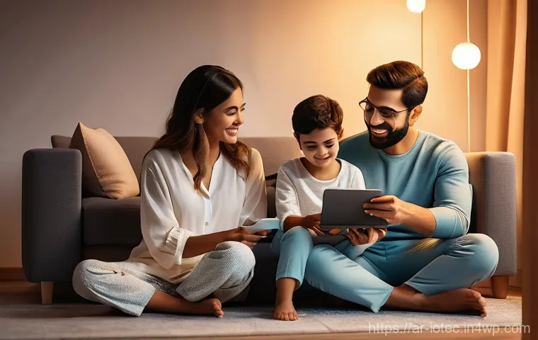 IoT 보안 프레임워크의 교육 및 훈련 방안 - A warm, inviting scene inside a modern, tastefully decorated Arab smart home. A loving family, inclu...