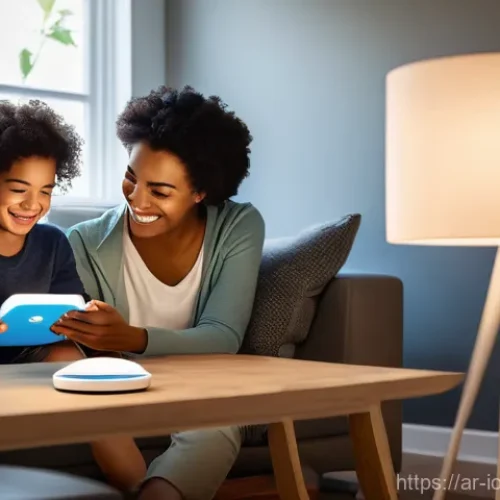 Home 28 IoT 보안 프레임워크와 시스템 통합 - **Prompt 1: Family Secure Smart Home**
"A cozy and modern living room in a smart home, bathed in...