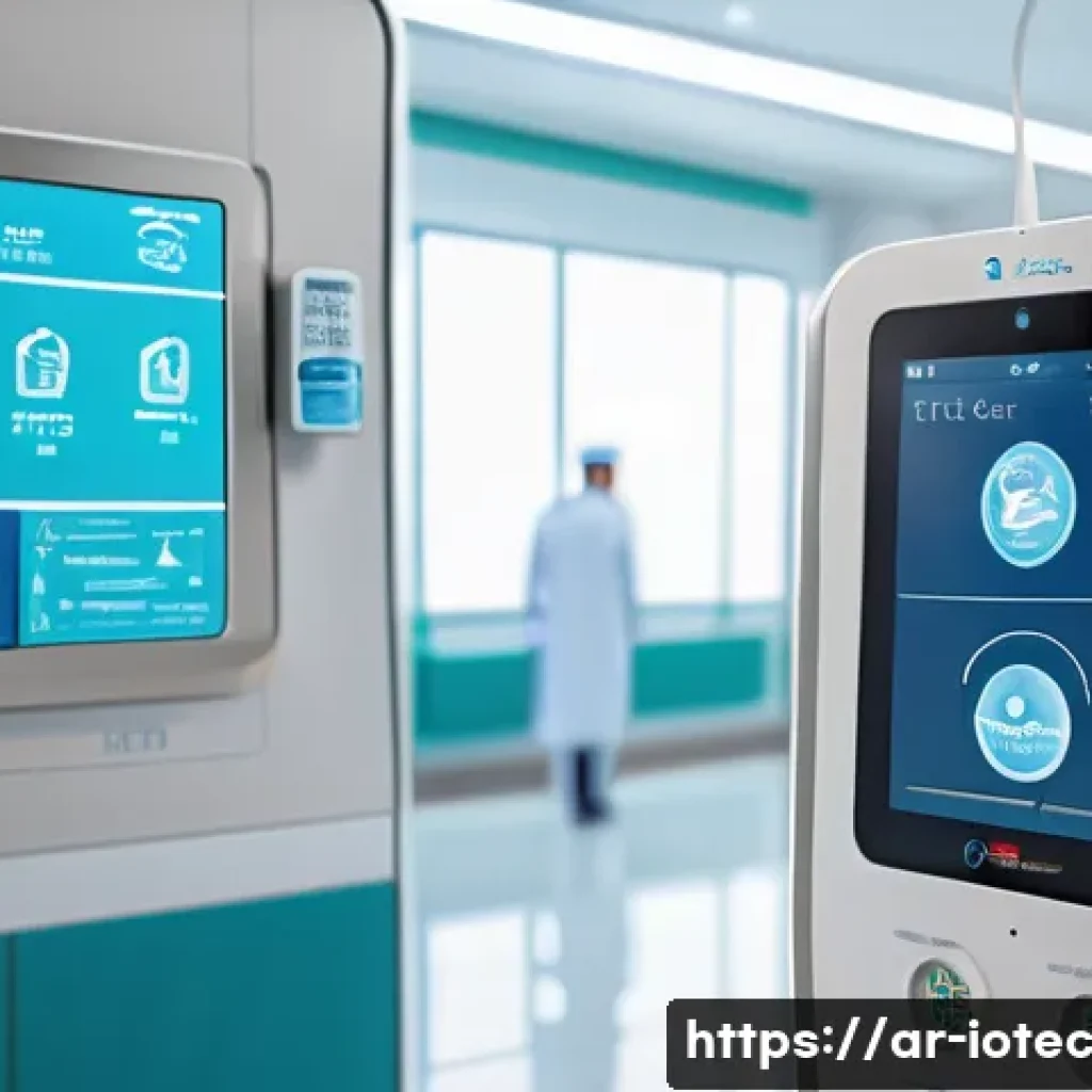 IoT 보안 프레임워크와 산업별 적용 사례 - A modern smart hospital room in the Middle East setting, featuring advanced connected medical device...