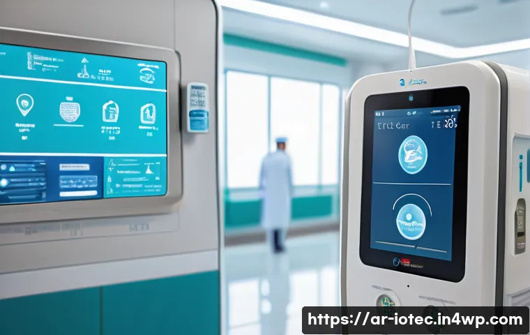 IoT 보안 프레임워크와 산업별 적용 사례 - A modern smart hospital room in the Middle East setting, featuring advanced connected medical device...