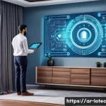 Home 14 IoT 보안 프레임워크와 에지 컴퓨팅 - A modern smart home interior in a Middle Eastern setting, showcasing various IoT devices like smart ...