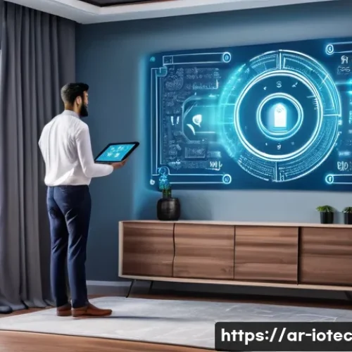 Home 26 IoT 보안 프레임워크와 에지 컴퓨팅 - A modern smart home interior in a Middle Eastern setting, showcasing various IoT devices like smart ...