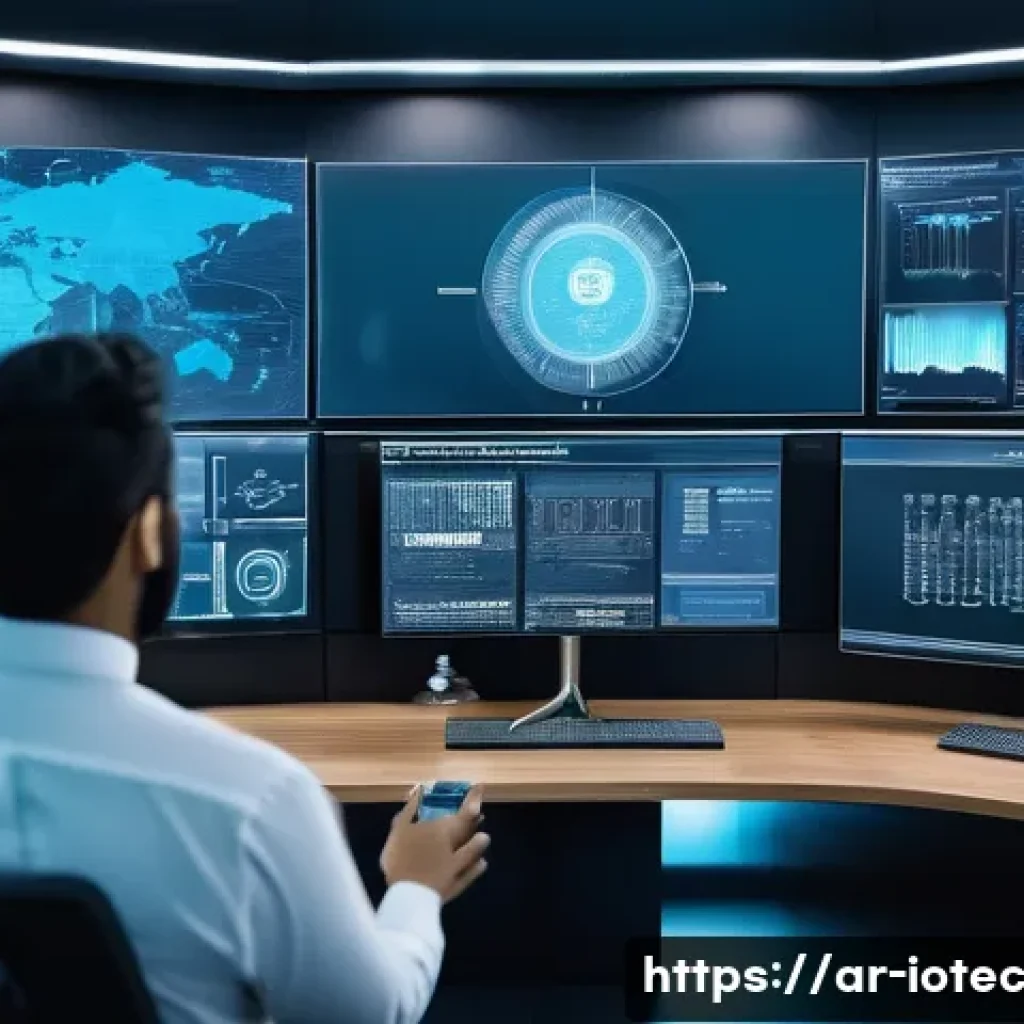 IoT 보안 프레임워크 및 인증서 관리 - A modern IoT security control room with diverse Arab professionals monitoring multiple large digital...