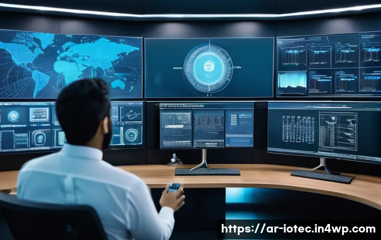 IoT 보안 프레임워크 및 인증서 관리 - A modern IoT security control room with diverse Arab professionals monitoring multiple large digital...