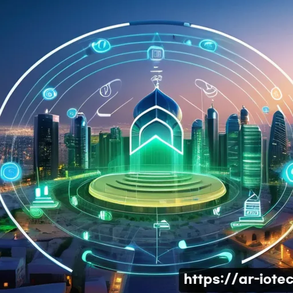 IoT 보안 프레임워크 구현 시 주의사항 - A highly detailed illustration of a secure Internet of Things (IoT) environment in a modern Middle E...
