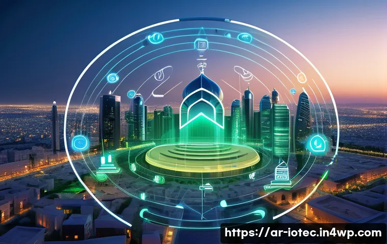 IoT 보안 프레임워크 구현 시 주의사항 - A highly detailed illustration of a secure Internet of Things (IoT) environment in a modern Middle E...