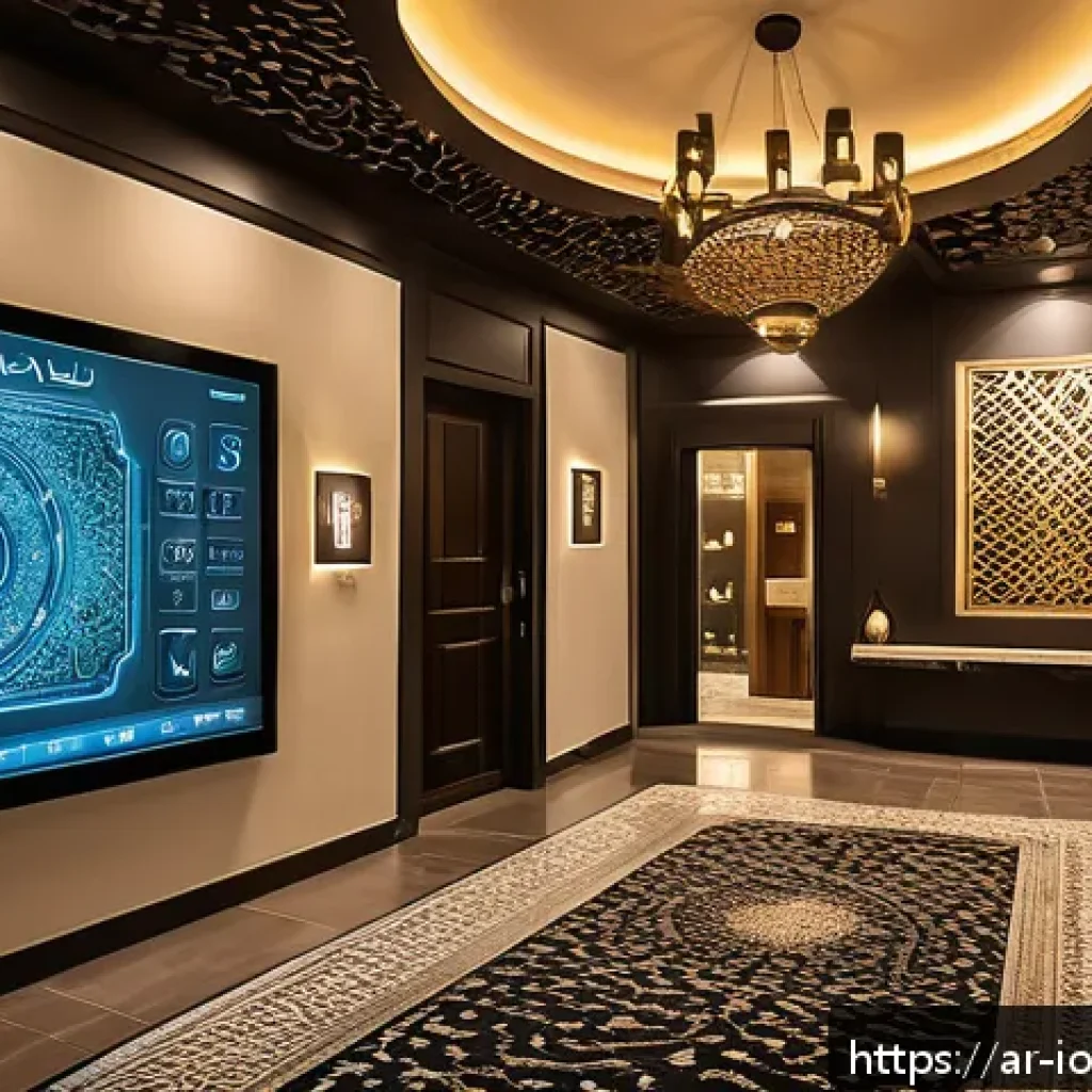 IoT 보안 프레임워크와 고객 데이터 관리 - A modern smart home control room in a Middle Eastern setting, featuring interconnected IoT devices l...