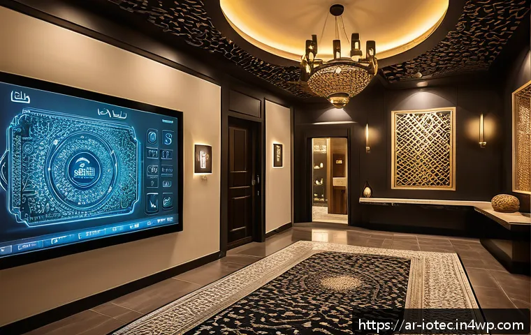 IoT 보안 프레임워크와 고객 데이터 관리 - A modern smart home control room in a Middle Eastern setting, featuring interconnected IoT devices l...