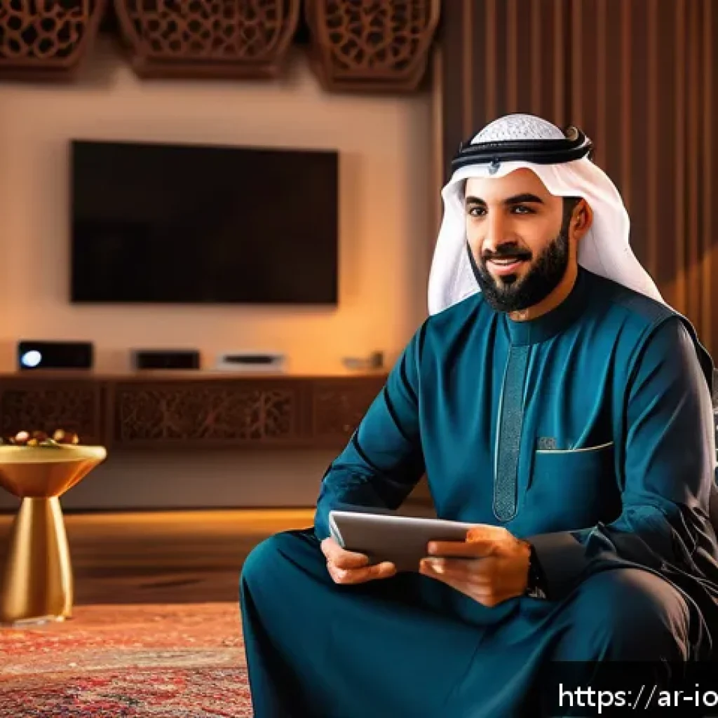 IoT 보안 프레임워크와 사용자 프라이버시 - A modern Arabic living room with multiple smart home devices such as security cameras, smart speaker...