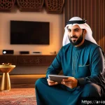 Home 21 IoT 보안 프레임워크와 사용자 프라이버시 - A modern Arabic living room with multiple smart home devices such as security cameras, smart speaker...