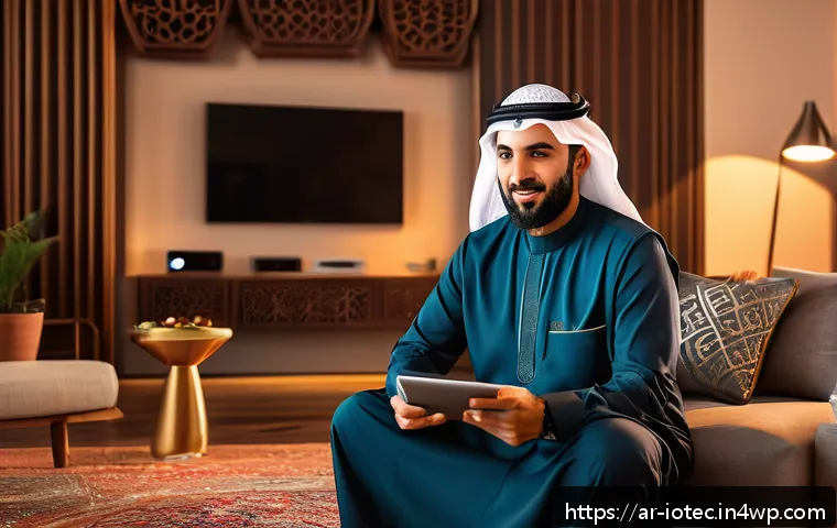 IoT 보안 프레임워크와 사용자 프라이버시 - A modern Arabic living room with multiple smart home devices such as security cameras, smart speaker...