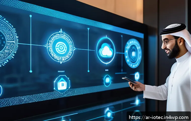 IoT 보안 프레임워크와 임베디드 시스템 보안 - A high-tech Arabic smart home control room at dusk, featuring advanced encryption symbols like AES-2...