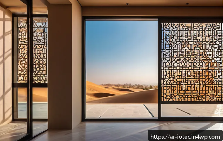 IoT 보안 프레임워크와 환경적 요인 - A modern smart home interior in a Middle Eastern setting, featuring IoT devices like temperature and...