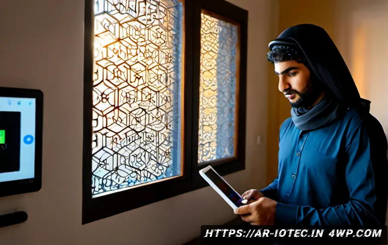 IoT 보안 프레임워크와 인간 오류 관리 - Photorealistic smart-home cybersecurity scene in a contemporary Middle Eastern apartment, an Arab IT...