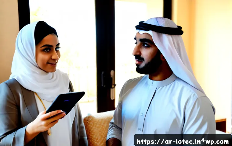 IoT 보안 프레임워크와 개인정보 보호 - Photorealistic modern Arab family living room, a smart home security consultant in modest profession...