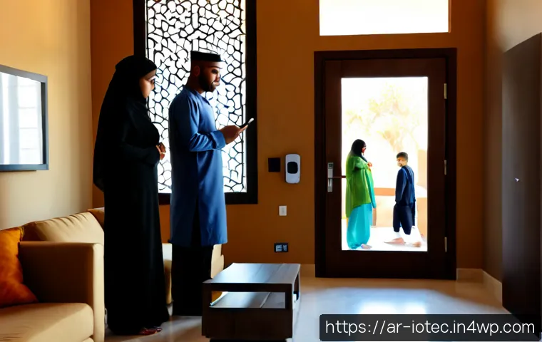 Home 17 IoT 보안 프레임워크와 클라우드 보안 - Photorealistic modern smart home security scene in an elegant Middle Eastern apartment, a discreet c...